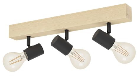 EGLO Deckenlampe Townshend 3, 3 flammiger Vintage Deckenspot im Industrial Design, Retro Lampe aus Stahl und Holz, schwarz, braun, E27 Fassung, FSC zertifiziert