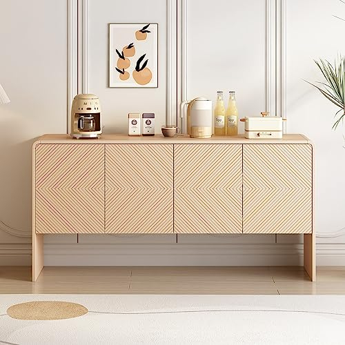 KecDuey Sideboard 152.5 x 40 x 76.5cm,Minimalistischer Stil Großer Stauraum Kommode mit 4 Türen und Rückstoßvorrichtung für Wohnzimmer und Eingangsbereich (Aprikosencreme)