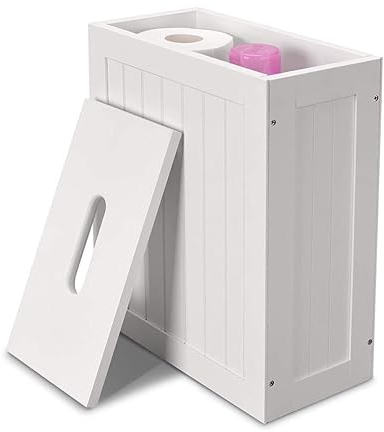 raxter Slimline Wooden Bathroom Storage Unit, Toilet Roll Paper Cabinet, Compact Shaker, Multi-Purpose Cleaning Tidy Box (White)