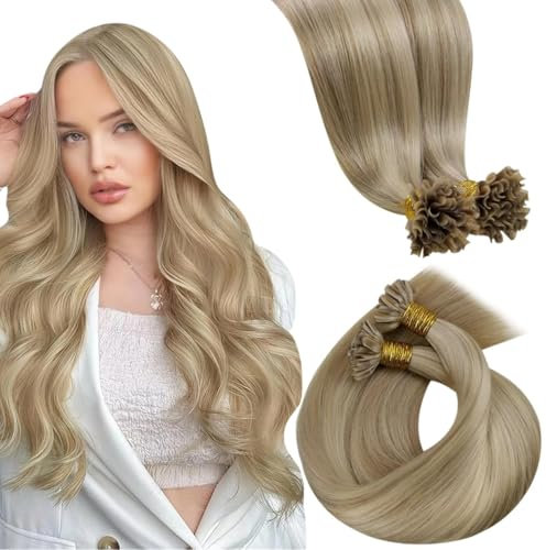 LaaVoo U Tip Extensions Echthaar Blond Highlight 1g/s Echthaar Extensions Bondings Goldblond mit Mittelblond Blond 50cm Pre Bonded Echthaar Extensions Bonding Lang 50s/50g #16/22