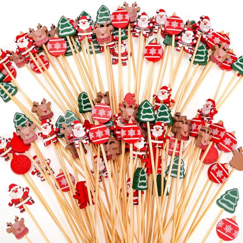 100PCS Christmas Cocktail Picks, Santa Reindeer Natural Bamboo Appetizer Toothpicks, Wooden Paddle Picks Cocktail Skewers for Cocktail Appetizers Fruit Sandwich Barbeque Snacks, Xmas Party Supplies