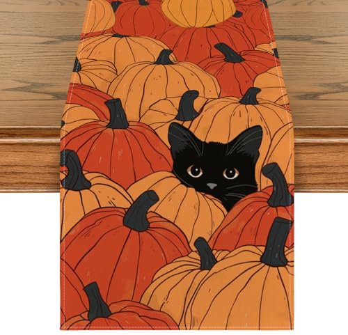 Artoid Mode Schwarze Katze Kürbisse Herbst Tischläufer, Saisonnal Halloween Küche Tisch Dekoration Drinnen Urlaub Party Dekor 40x140 cm