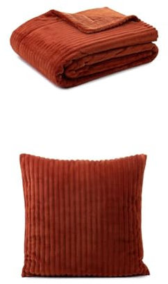 Gözze Cord Optik Wohndecke und 2er Set Cord-Kissen, 150x200 cm + 50x50 cm, Farbe: Zimt