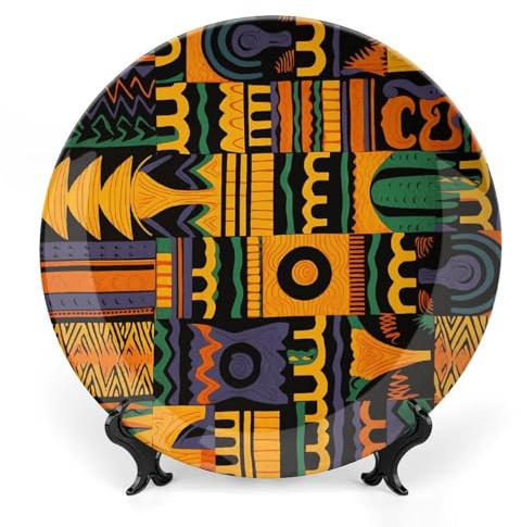 VFKLT Piatto da pranzo in ceramica con motivo etnico africano stampato Piatti decorativi in porcellana Bone China con espositore Ornamenti in ceramica artistica per decorazione da appendere alla