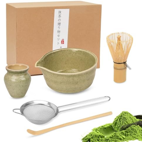 Service à thé matcha de qualité supérieure avec fouet en bambou, bol en céramique, cuillère et support – Kit complet de fabrication de matcha pour la cérémonie traditionnelle japonaise du thé –