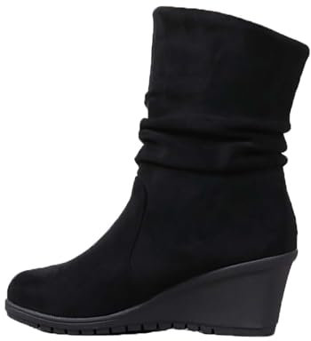 Stivaletti da donna con zeppa, colore nero, invernali, antiscivolo, eleganti, in pelle scamosciata, comodi stivali a mezza altezza, alla moda, tinta unita, per il tempo libero, Nero , 36