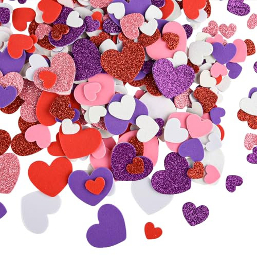 CHRORINE 350 Stück Schaumstoff-Herz-Aufkleber, Valentinstag, Glitzer, selbstklebende Aufkleber, Herzformen, bunte Aufkleber für Valentinstag-Dekoration/Hochzeitsbedarf/DIY-Kunsthandwerk, Rot, Rosa,
