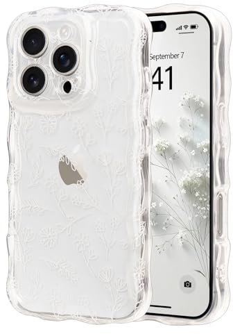Micoden Cute Curly Wave Case for iPhone 16 Pro,Clear with Anti-Yellowing Flower Floral,Soft TPU Slim Bumper Shockproof Anti-Scratch Protective Wavy Cover for Girls Women-White