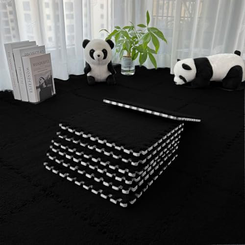 12 Stück Ineinandergreifende Plüsch-Schaumstoffmatte, Wohnzimmer-Schlafzimmer-Teppichfliesen, Zusammensteckbare Schaumstoff-Bodenfliesen Für Spielz (Schwarz, 30cm*30cm*1.25cm)