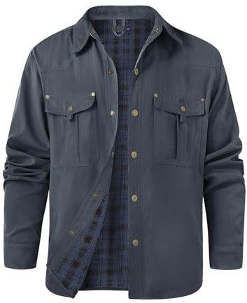 Voqeen Veste Homme Mi Saison Blouson Homme Printemps Été À Manches Longues En Tissu À Carreaux Décontracté Veste Demi Saison Robuste À Boutons-Pression Veste D'extérieur Doublée De Flanelle
