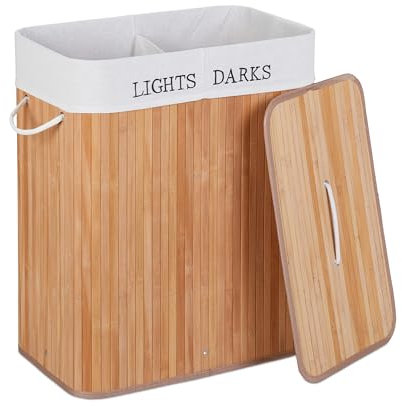 Relaxdays Wäschekorb mit Deckel, 2 Fächer, Bambus, 100 l, Faltbare Wäschebox, HxBxT: 63 x 54 x 34 cm, Wäschetruhe, Natur