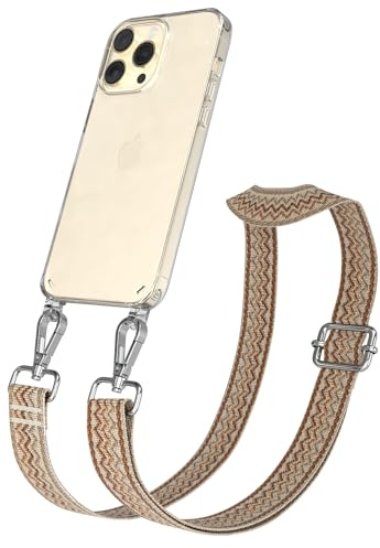 EAZY CASE Handykette - Verstellbares Taschenband kompatibel mit iPhone 14 Pro Max, Schulterriemen, Handykordel mit Silikon Hülle, Umhängetasche, Beige Braun Silber