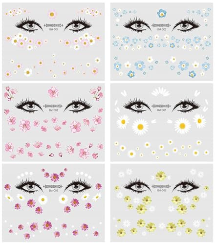 6 Feuilles Tatouages Temporaires de Visage, Fleurs Tatouage Visage Maquillage Autocollants pour les yeux, Marguerite Scintillants Décoration pour Cosplay Mascarade Carnaval Fête à Thème