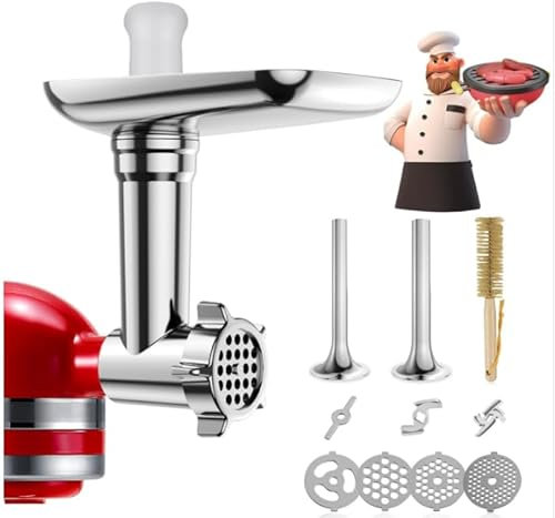 SOONHUA Metal Food Grinder Attachments for KitchenAid Stand Mixers, Meat Grinder, Sausage Stuffer Accessories Set Includes 4 Grinding Plates, 2 Sausage Stuffer Tubes, 3 Grinding Blades