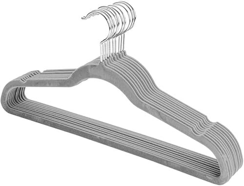 Truevaste Kleiderbügel Samt 10 Stück - Premium Clothes Hangers - Bügel mit 360° Drehbarer Haken, rutschfest, 0.6cm dünn, Platzsparend, für Garderobe, 45x23.5 cm (Grau)