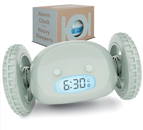 CLOCKY Alarm Clock on Wheels – Loud Rolling Alarm Clock for Heavy Sleepers | Runaway Clock That Jumps & Runs to Wake You Up | Funny Unique Gift for Adults, Teens & Kids Bedrooms, Sage