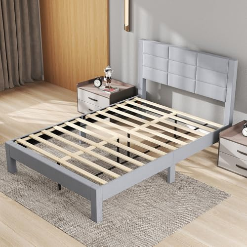 GIANTEX Bettgestell 140 x 200 cm, Polsterbett mit Lattenrost, Doppelbett Gestell mit gepolstertem Kopfteil, Bettrahmen bis 250 kg belastbar, Stauraum unter dem Bett, Plattformbett Doppelbettgestell