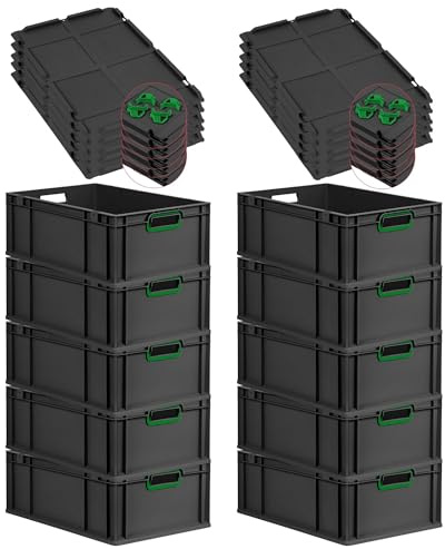 PROREGAL SparSet 10x Eurobox NextGen Color mit Auflagedeckel & Schiebeschnappverschlüsse, HxBxT 22x40x60cm, 44L, Schwarz, Griffe grün offen,Eurobehälter, Transportbox, Transportbehälter