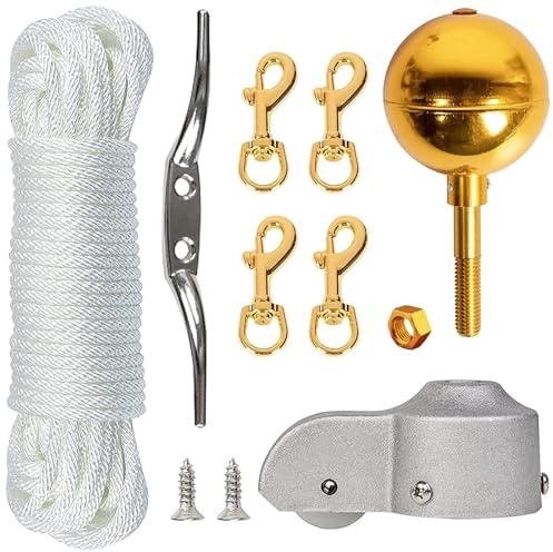 Komplettes Fahnenmast-Wartungssystem-Zubehör-Set für 5,1–6,6 cm Stangen, 15,2 m Kordel, Metallverschlüsse, doppelte Flaggen-Aufhängung