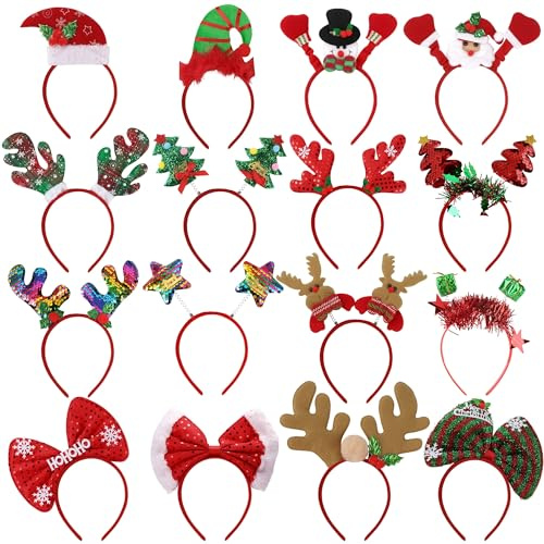 FancyFun 16 Stück Haarreif Weihnachten Stirnband Haarreifen Rentier Geweih Haarreif Haarschmuck Weihnachtsdeko zum Weihnachtsfeier für Erwachsene