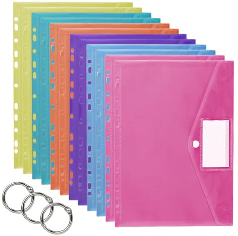 Gsrhzd dokumententasche A4, 12 Stück 6 Farben dokumentenmappe A4 zum abheften mit Etikettentaschen Druckknopf, 11 Löchern Transparent Dokumentenmappe für Dokumente Organisieren Bürobedarf Hausaufgaben
