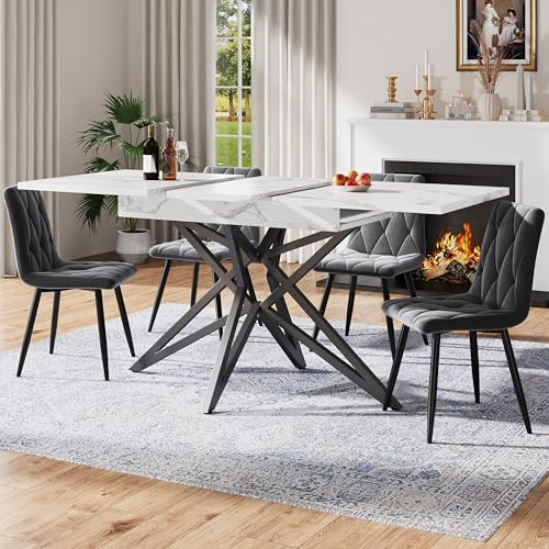 ECLIVON Ausziehbares Esstisch mit 4 Stühlen, Essgruppe 5-Teilig mit Esstisch 120/160x80 cm, Küchentisch Set, Moderne Sitzgruppe mit Stühle Samt, Esszimmergruppe für Küche Wohnzimmer (Weiß)