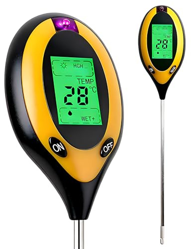 XXHUO Testeur du Sol pH Température Lumière 4-en-1, Phmètre pour Sol Light Meter Jardin Pelouse Ferme Intérieur Extérieur, Capteur Hygromètre Alimenté par 6F22 9V (Batterie Non Incluse)