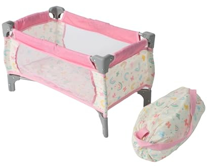 Bayer Chic 2000 Puppen-Reisebett | Zusammenklappbar mit Matratze Regenbogen | Fröhliches Reisebett für Puppen. Mit weicher Matratze & Tragetasche. Blitzschnell zusammenklappbar. Regenbogen-Design, Rosa.