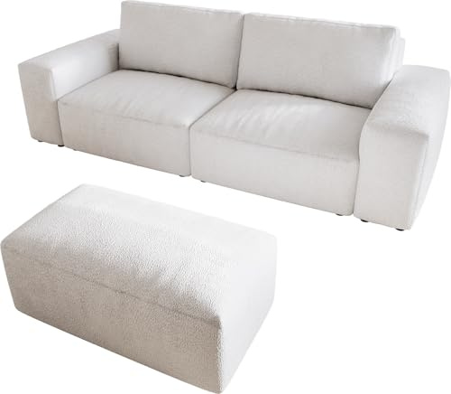 DELIFE Big-Couch Lanzo Bouclé Creme-Weiß 230x95 cm mit Hocker