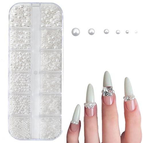 6 Sizes Nail Pearls for Art, Semicircular Pearl Balls White, Flatback Pearls Beads for Crafting, 3D Nail Art Charms for Daily, Wedding, Party