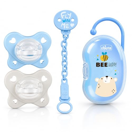 Chicco Kit Suzione Neonato, 2 Ciucci in Silicone, Catenella Portaciuccio e Portasucchietto, 0-24 Mesi
