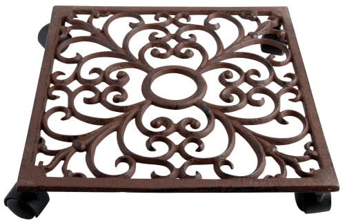 Esschert Design Pflanzenroller, Blumenroller aus Gusseisen, in Rostbraun, quadratisch, ca. 28 cm x 28 cm