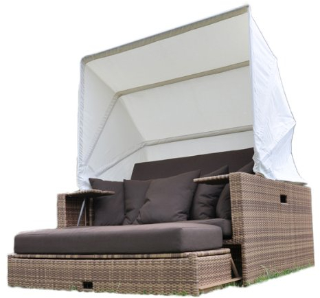 Domus Ventures Polyrattan Liegeinsel Beach Lounge Mixed Beige Flachgeflecht wetterfest hochbequem Gartenmöbel Terrasse
