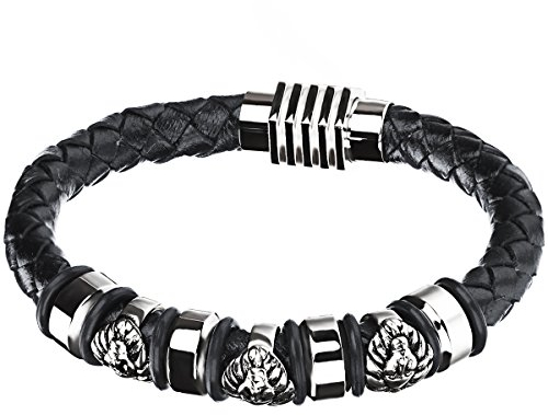 JewelryWe Schmuck Herren Armband, Retro Klassiker ägyptischen Pharaos Ringe Armreif, Leder Edelstahl, Schwarz Silber