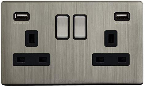 Gloss Brush Chrome USB Double Wall Plug Socket 2 Gang 13A with 2 USB Charger Port Outlets Socket Plate N776DME