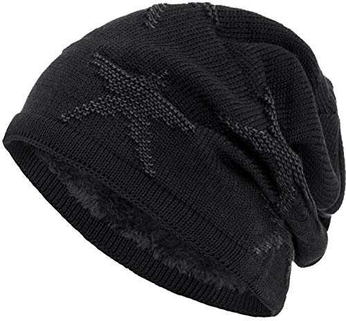 Compagno warm gefütterte Beanie Wintermütze Sternen Strickmuster mit weichem Fleece-Futter Mütze