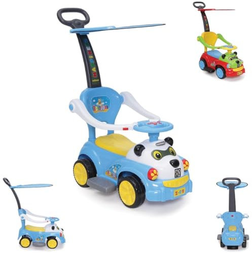 Moni Rutschauto, Rutscher Panda 3 in 1 mit Griff, Lehne, Bügel, Fußstütze, Sonnendach (Blau)