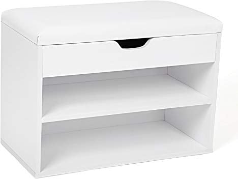 VASAGLE Schuhbank, Schuhregal mit klappdeckel und gepolstertem Sitz, Schuhorganizer mit 2 Fächern, 60 x 30 x 44 cm, Weiß LHS20WT