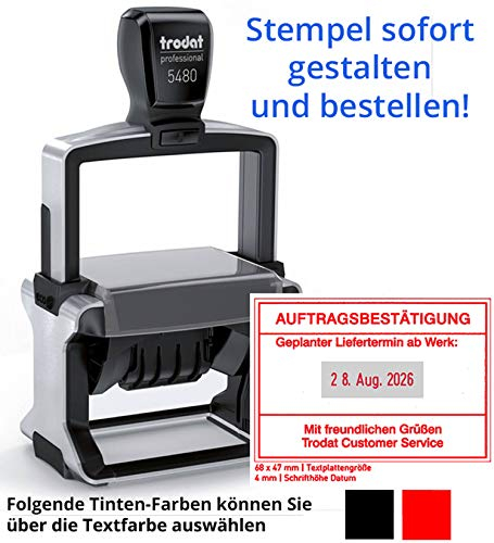 Trodat Professional Text- & Datumsstempel 5480-68 x 47 mm - 8-zeiliger Stempel mit Datum ACHTUNG Deutsche Wochentage, in verschiedenen Farben, gleich Online gestalten!!! (Metall)