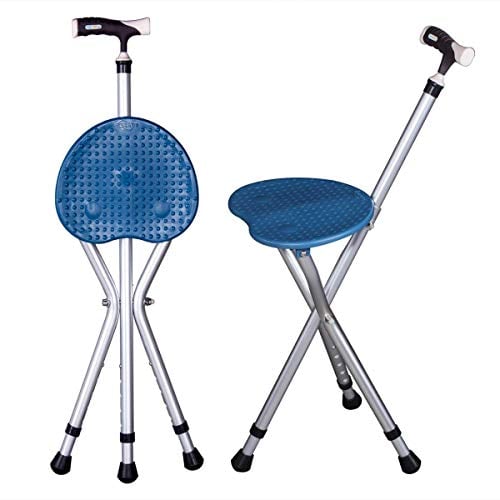 YUNSHINE Falten Cane Seat 441 lbs Kapazität Thick Aluminum Alloy Cane Stool Crutch Stuhl Seat 3 Beine Cane Seats Highly Adjustable Walking Stick Tall Unisex für Ältere (2 Farben optional) (Blau)