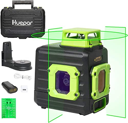Livella Laser Verde, Huepar Livella Laser Autolivellante 360, Orizzontale/Verticale a 360 Gradi 25m con Modalità Impulso, con Batteria al litio USB Ricaricabile, B21CG