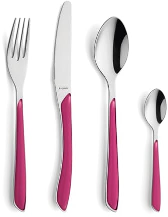 Kuppels Prisma Besteck Set für 6 Personen aus Edelstahl poliert | Besteckset 24-teilig | Hochwertige Kunststoff-Griffschalen in Himbeerrot | Rostfrei | Essbesteck für 6 Personen | Spülmaschinenfest
