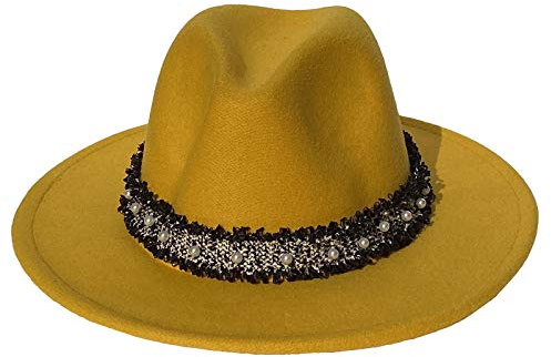 JK Home Fedora Unisex Filzhut Jazz breite Krempe, Band mit Perlen Gelb