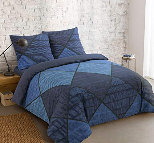 Vision - Parure Housse de Couette Harold Bleu - Housse de Couette 240x220cm avec 2 taies Assorties 65x65cm - 100% Coton