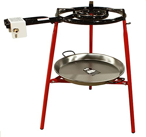 FERRETERIA LEPANTO Kit Paellero 40 cm Gas butano, paellera acero pulido de 46 cm, regulador de Gas + 1,5 metros de Manguera, soporte de 3 Patas reforzadas,