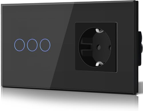 BSEED Touch Lichtschalter mit Steckdose aus Glas, Modern Steckdosen Unterputz, Wandschalter mit LED Hinterlicht (Kein Neutralleiter erforderlich), Kein WLAN, 157mm 3 Fach 1 Weg Schwarz