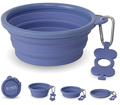 Bonza Medium Collapsible Dog Bowl 750 mL, Sturdy Reinforced Rim, Includes Carabiner & Water Bottle Holder Keychain, Periwinkle
