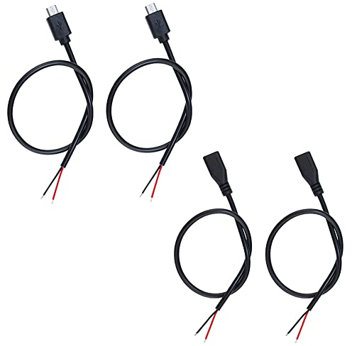 KSOPUERT 4 Stück Micro-USB auf blankes Kabel,offenes Ende,12 Zoll,5V,28AWG,2 Kerne,Power Pigtail, Reparaturdose am Schwanz, Kabel,DIY,Schwarz,1 Fuß