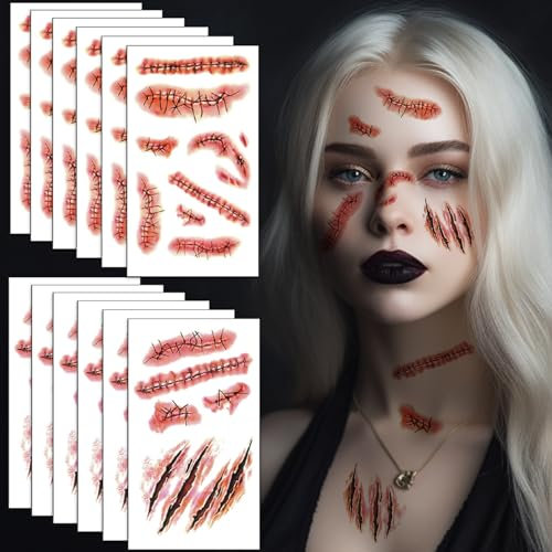 12 Feuilles Cicatrice Halloween Tatouage, Tatouage Halloween pour Visage Halloween Zombie Vampire Faux Sang Tatouages Blessure, Maquillage Halloween Tatouage Halloween Enfant Adulte