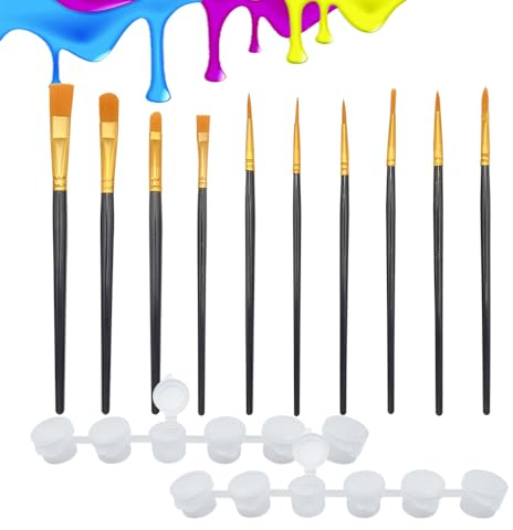 WYAN 10 Piezas Pinceles de Nylon,Pinceles para oleo,Pincel de Pintura de Acrílico, para Acuarela,Gouache, Acrilico, óleo, Dibujo de Líneas(con Caja de 12 Pinturas de 3 ml)